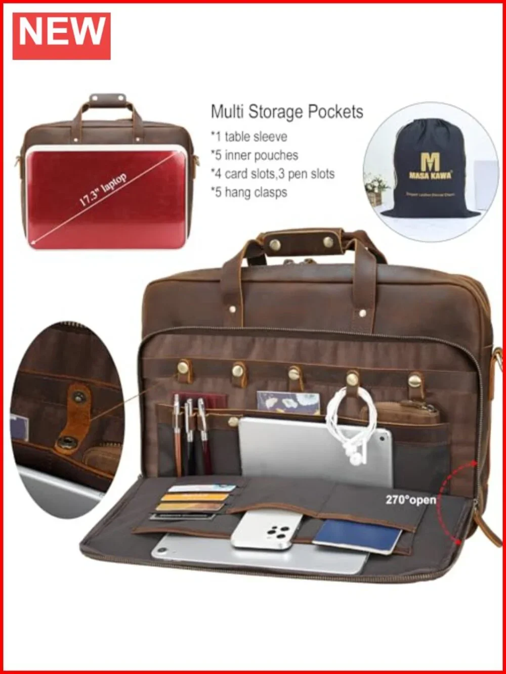 Full Grain Cowhide Leather Briefcase for Men 17